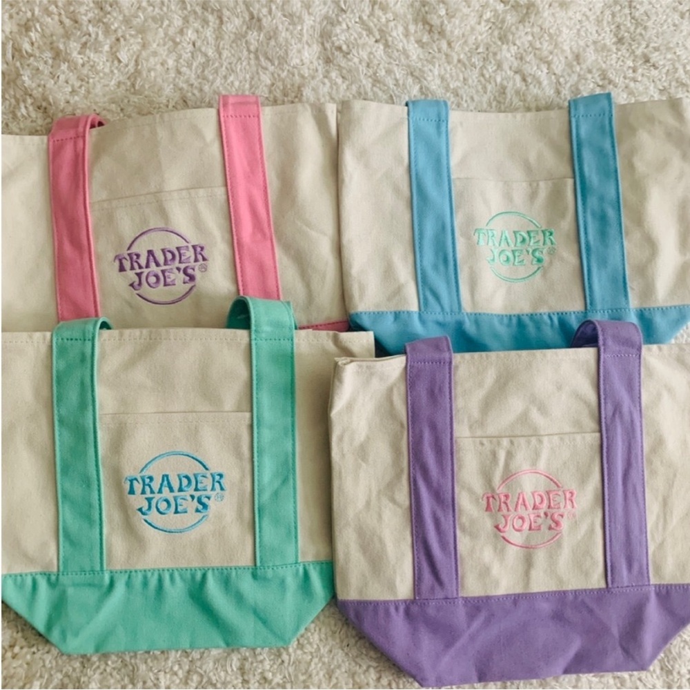 NWT! Four (4) Colorful Pastel Trader Joe’s Canvas Mini Tote Bags